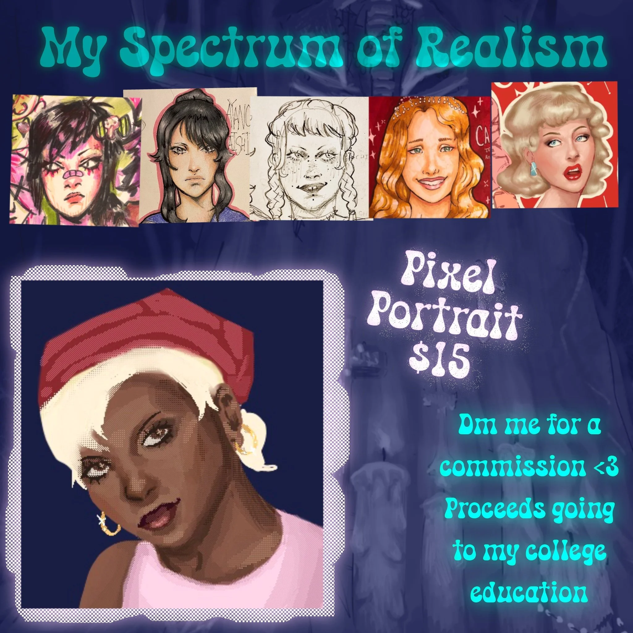 Collage of five illustrated portraits of women with different hairstyles and skin tones, with neon-lit text sharing a message about a scholarship to support college education.