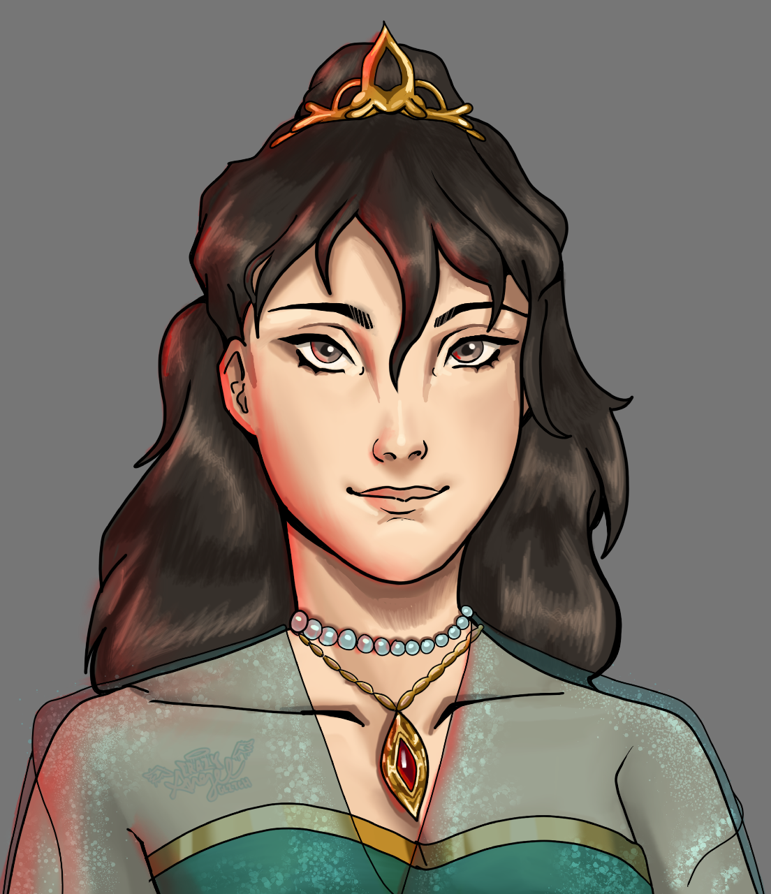 Digital illustration of a woman with dark hair, adorned with a gold tiara, pearls, and a red gemstone necklace, wearing a green top with gold accents.