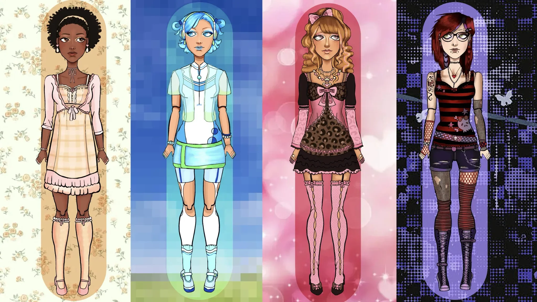 Four digital illustrations of young women, each with a unique style, standing on patterned backgrounds. The first woman has dark skin, curly black hair, and wears a light pink dress with lace details. The second woman has blue hair with pigtails, light skin, and sports a futuristic outfit with headphones. The third woman has wavy brown hair, light skin, and wears pink and black clothing. The fourth woman has red hair, glasses, tattoos, and is dressed in  style with a black and red striped top and ripped jeans.