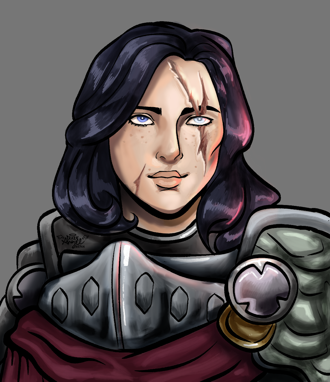 Digital illustration of a female knight with dark purple hair, blue eyes, brown scars on her face, dressed in armor, holding a shield with a clover symbol.