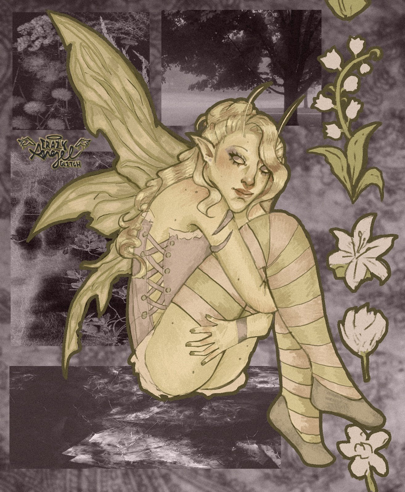 Artistic illustration of a fairy with blonde hair, pointed elf-like ears, and large green wings, surrounded by flowers and foliage, with black and white landscape photographs in the background.