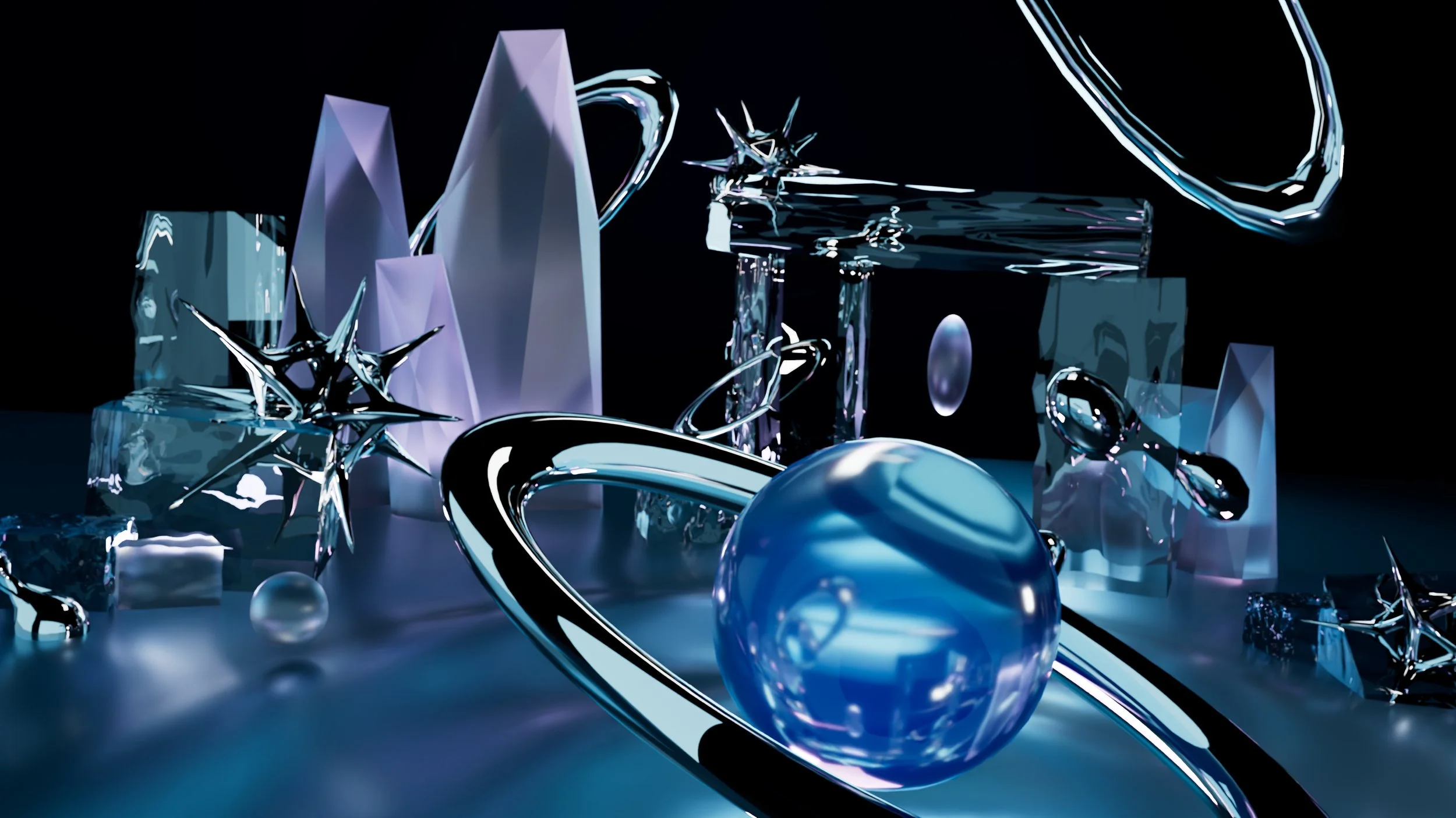 Abstract digital art with metallic and glass-like shapes, including rods, spheres, and irregular forms, illuminated against a dark background.