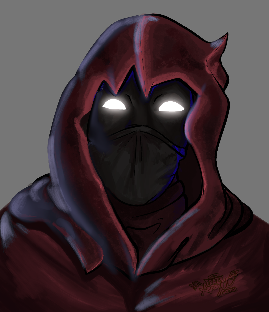 Digital art of a character with a hoodie, a mask, and glowing eyes, set against a gray background.
