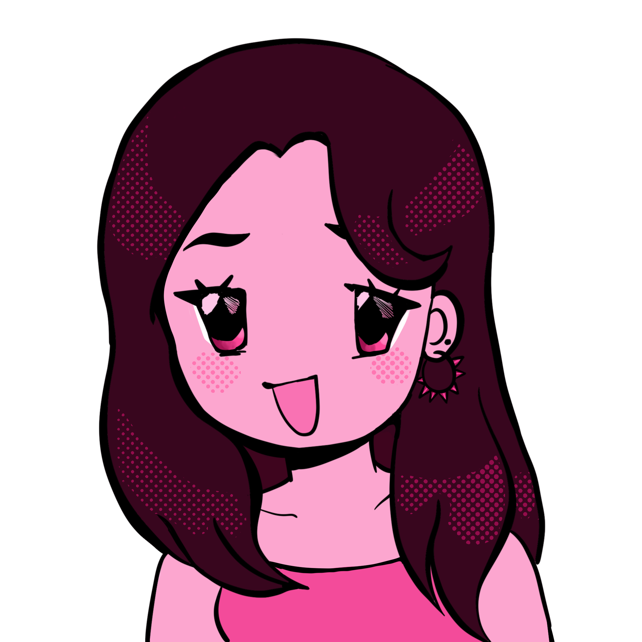Digital illustration of a girl with dark purple hair, light pink skin, closed eyes, and her tongue sticking out, wearing a pink top and an earring.