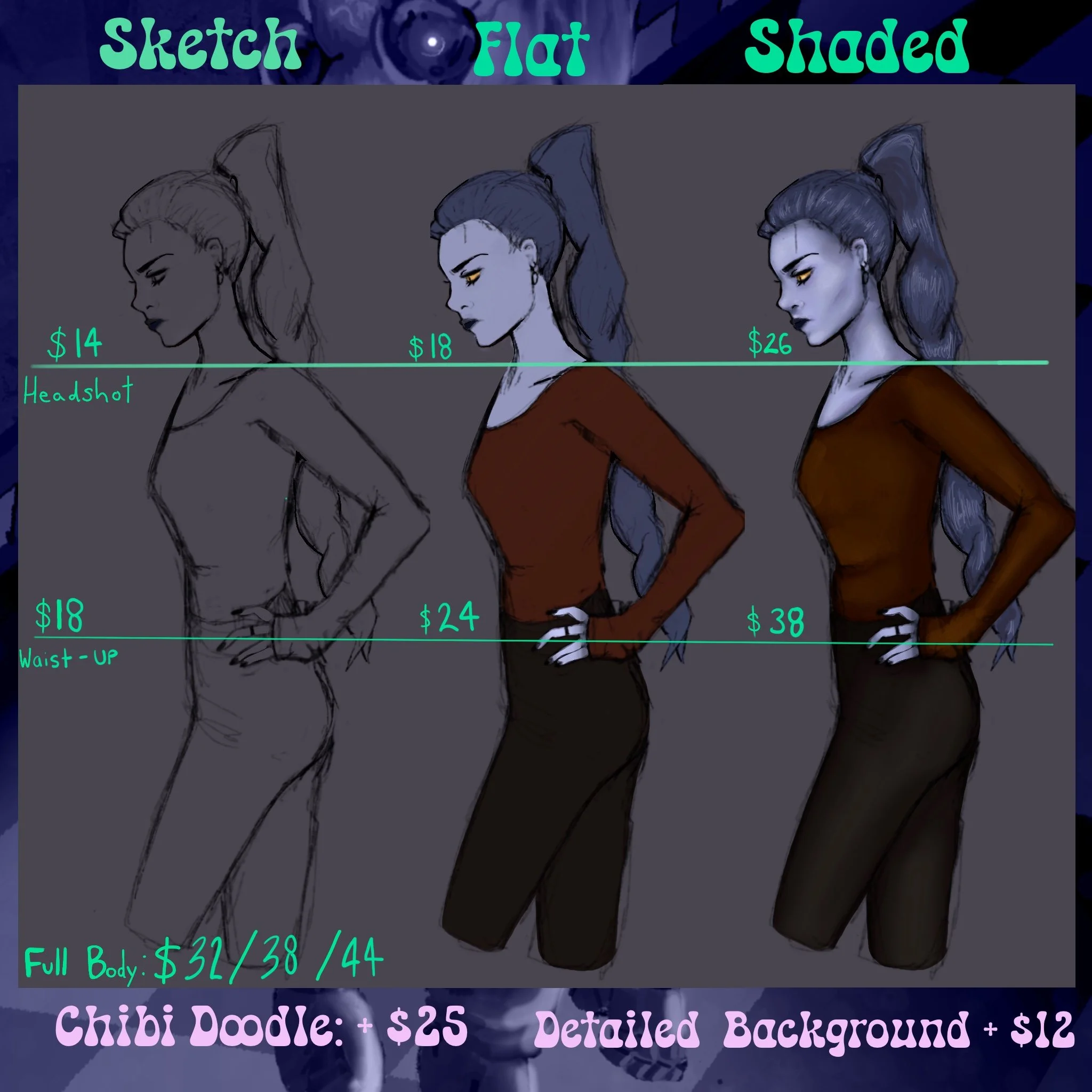 Menu offering sketches, flat, and shaded artwork. Different pricing for headshot, waist-up, and full body. Chibi doodles for $25. Detailed Background $12+