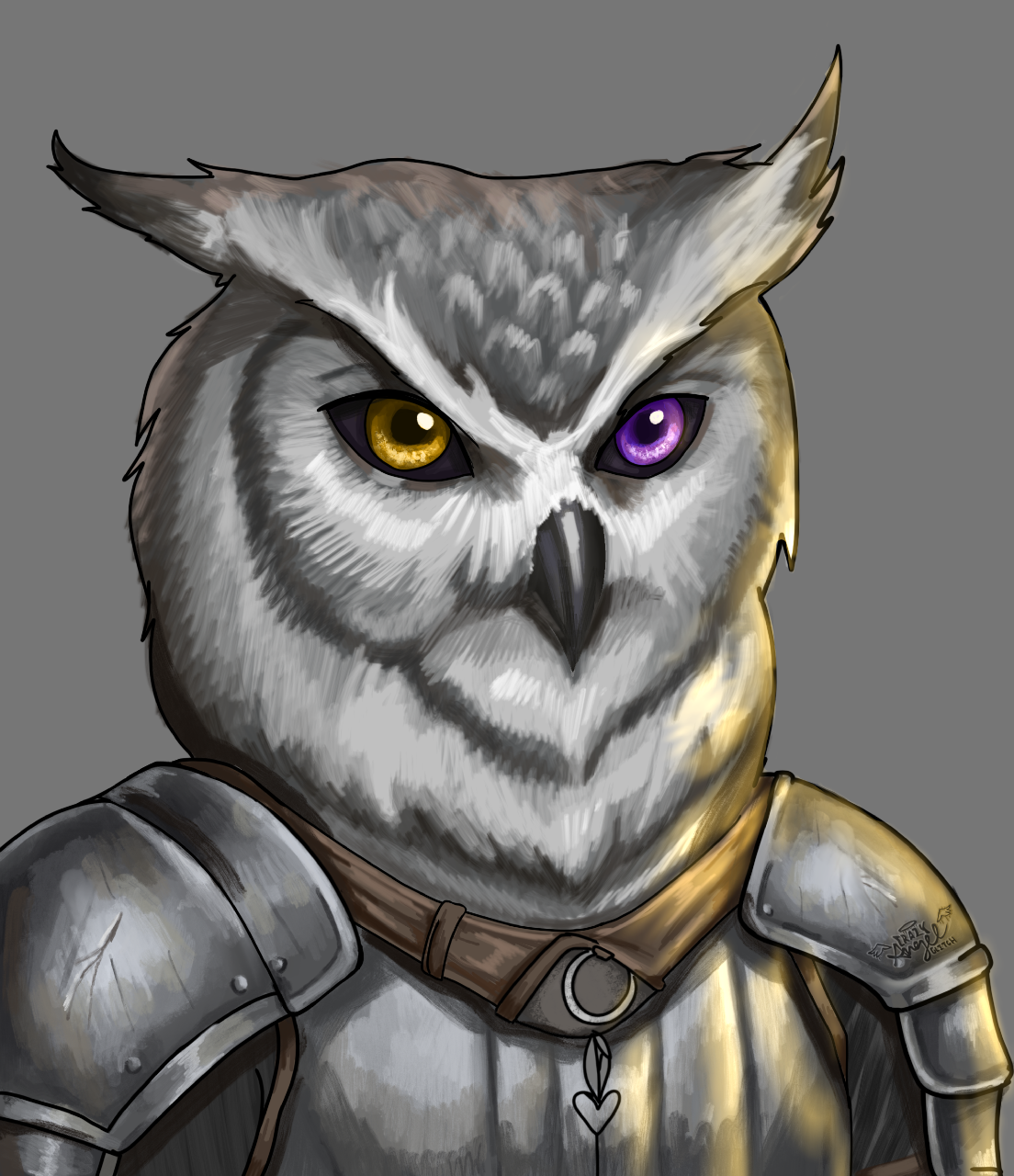 Digital illustration of an anthropomorphic owl with armor and a collar, featuring violet and gold eyes against a gray background.
