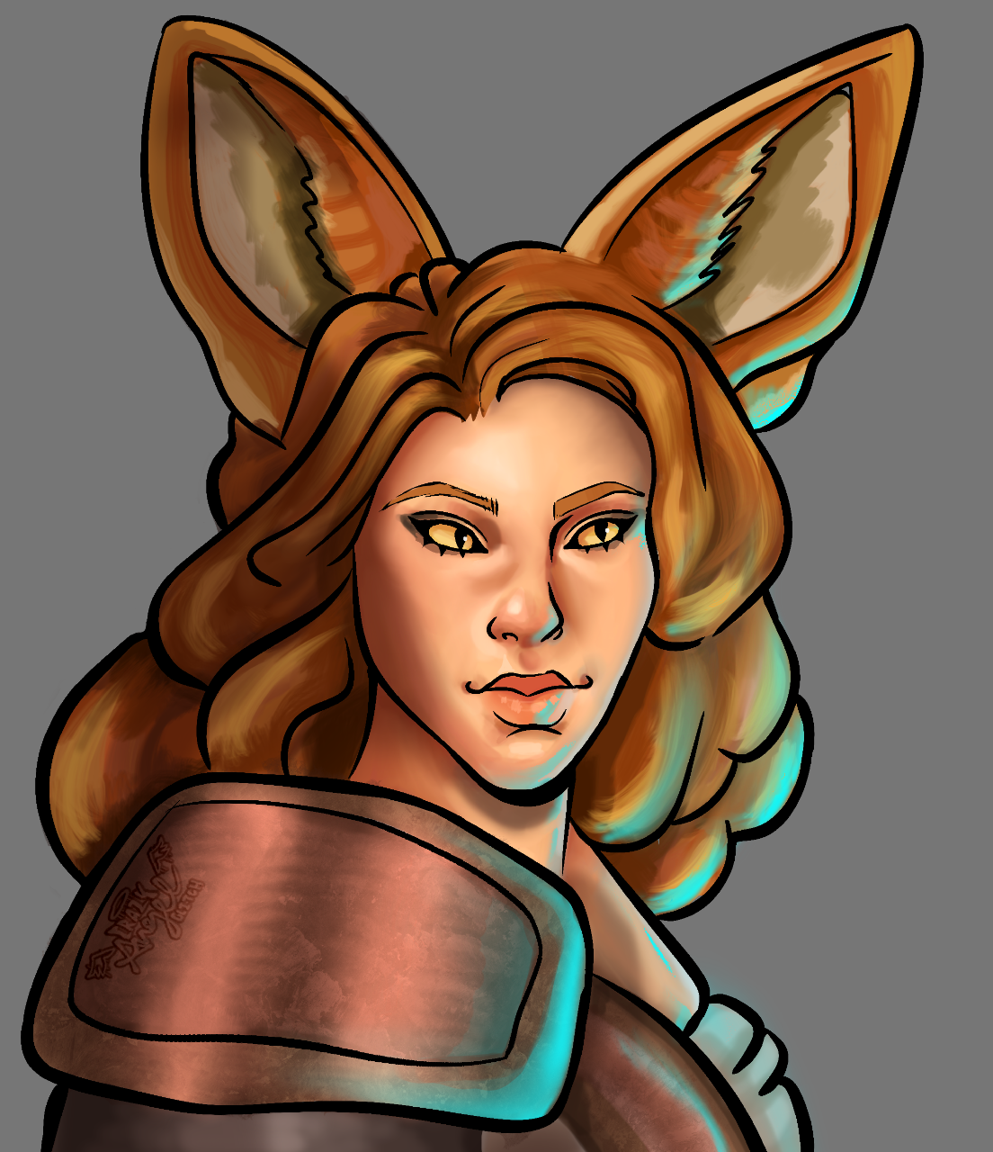 Digital illustration of a woman with fox-like ears and long, wavy hair, wearing armor, with a confident expression.