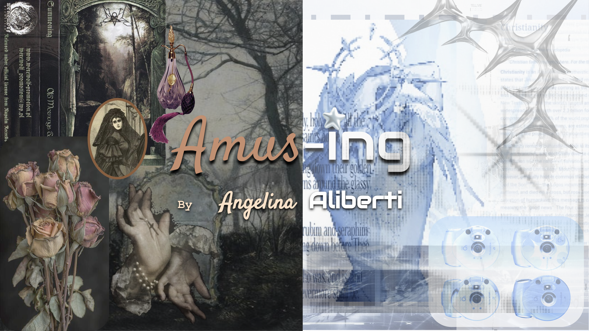 A collage with dark, mystical imagery on the left, including dried roses, a vintage portrait of a woman, and Gothic elements, and a modern digital design on the right featuring text, a stylized flower, and gaming controllers. The center displays the 