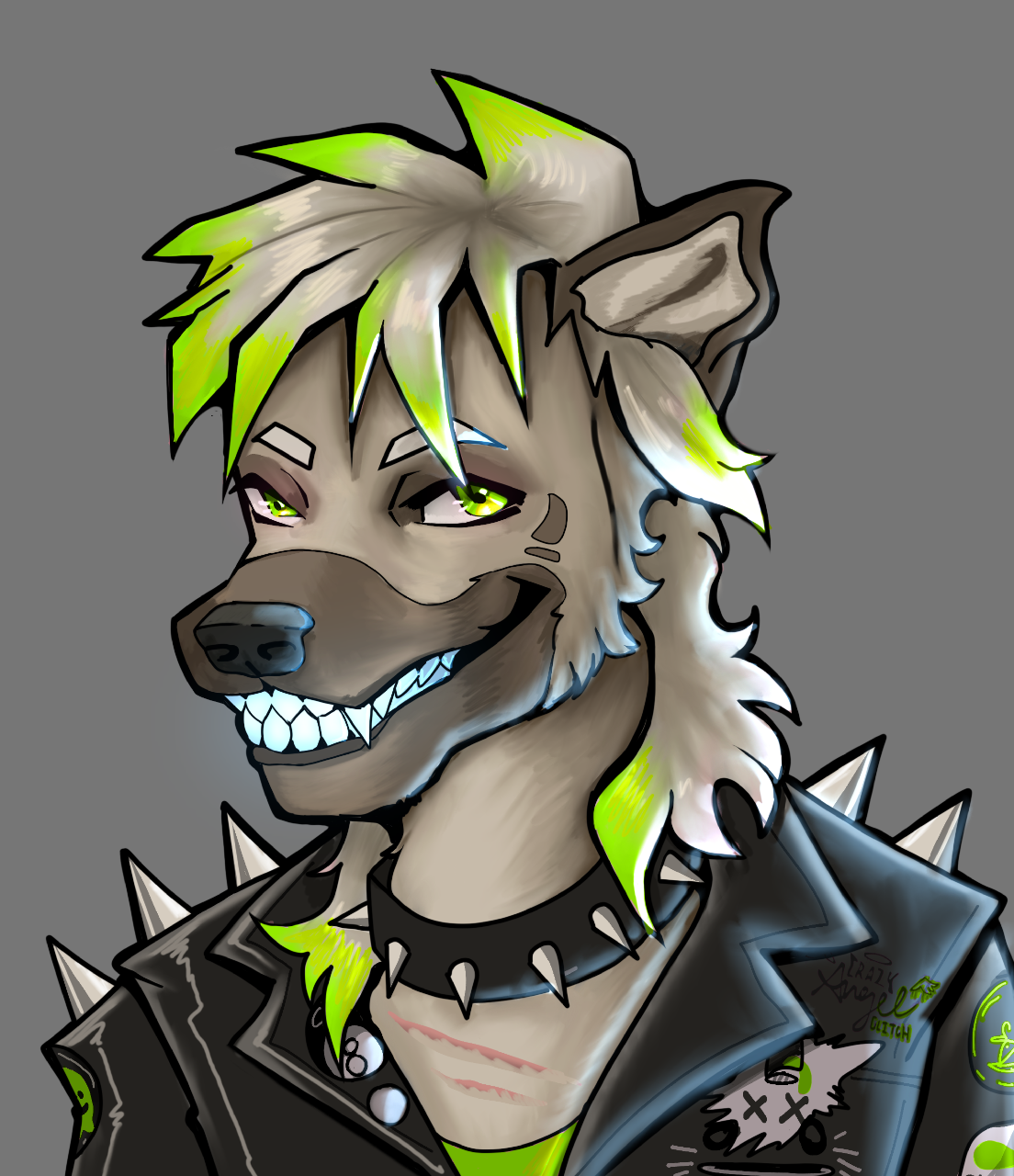 Digital illustration of a wolf character with neon green and white hair, spiked leather jacket with spikes and patches, and a mischievous smile showing sharp teeth, on a gray background.
