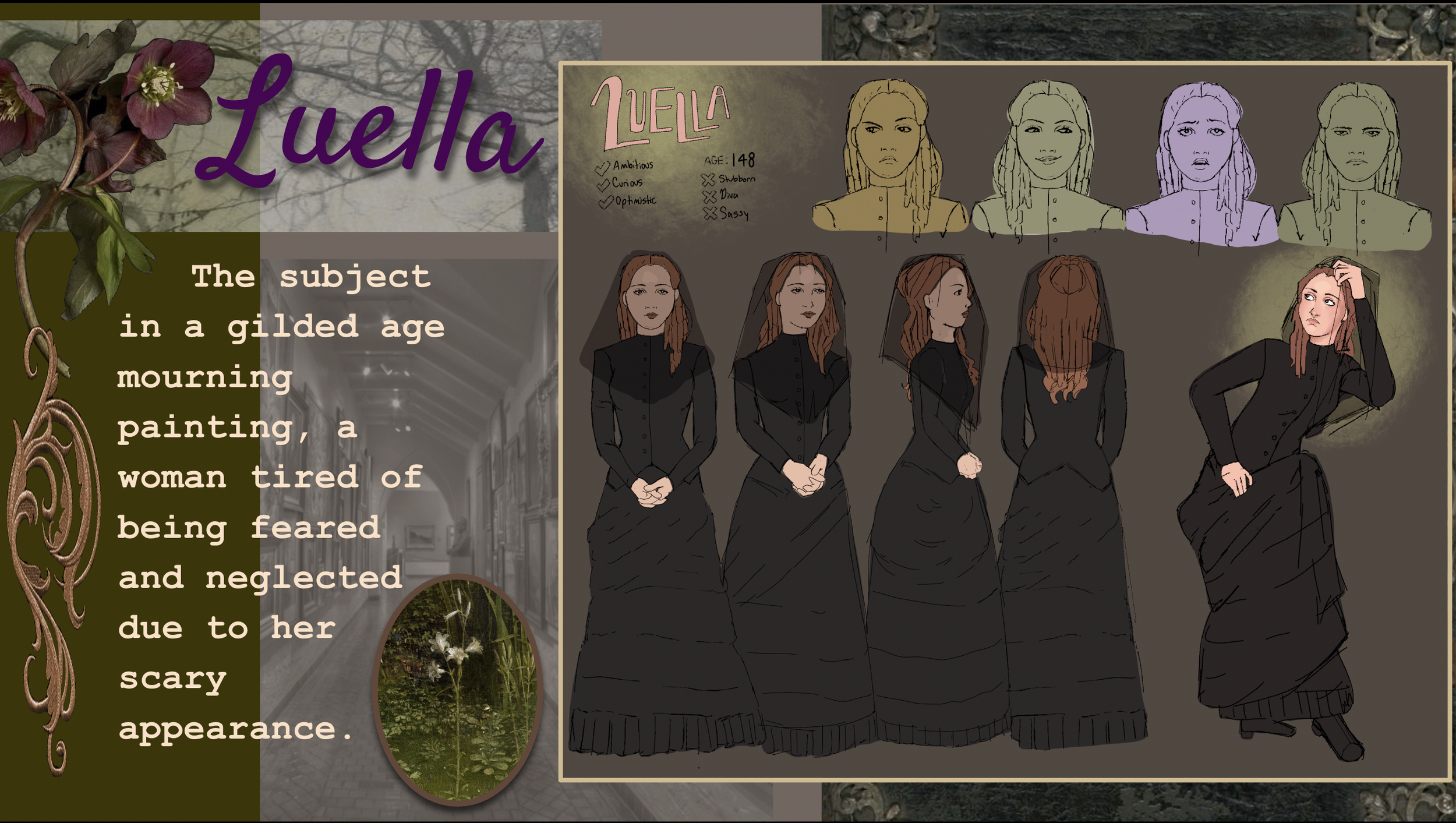 An illustrated character sheet featuring a girl named Luella. The sheet includes different sketches of her face showing various expressions and angles, as well as a full-body illustration of her seated, with long red hair, a black dress, and a contem