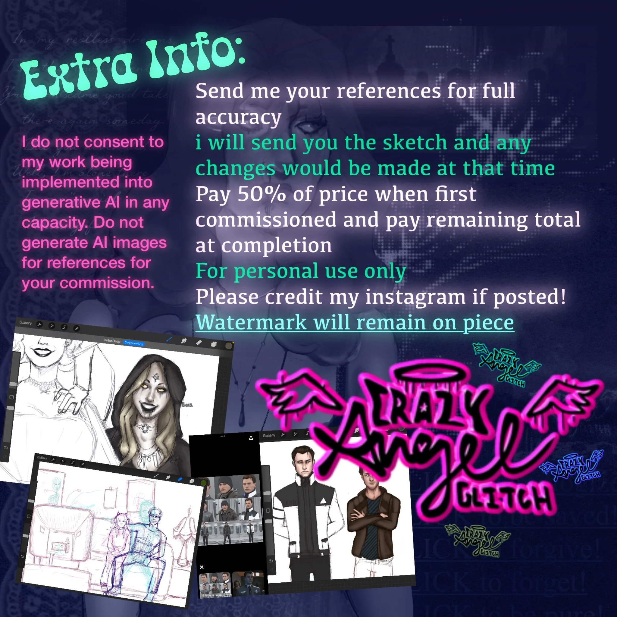 A collage of digital art and illustrations, including sketches of characters, photos of models, vibrant neon signs, and graphic designs related to creative projects and art.
