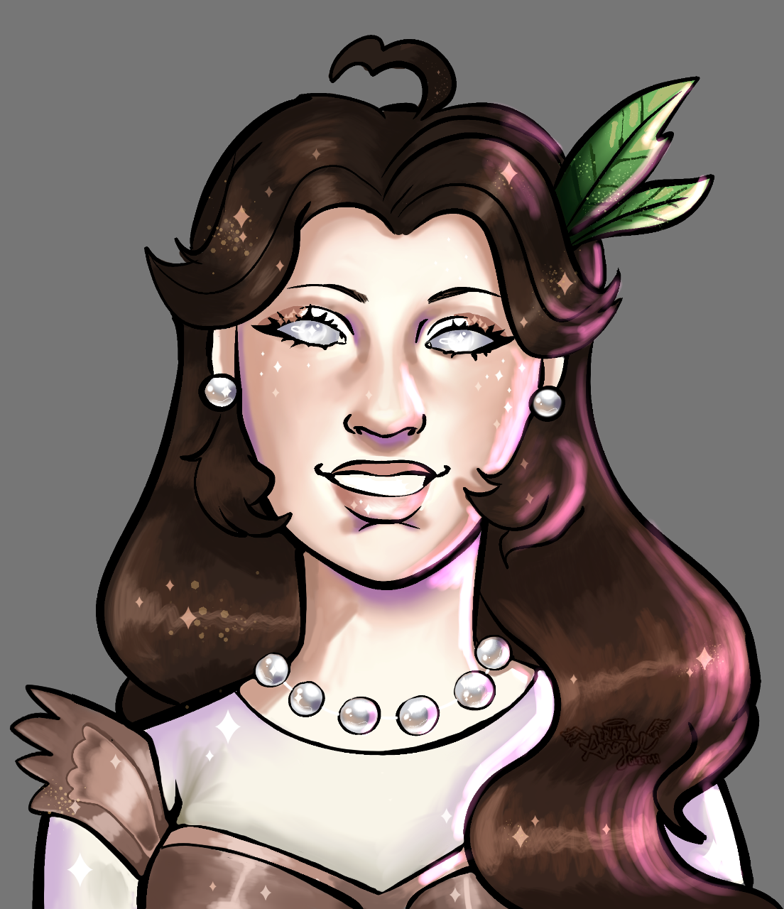Cartoon portrait of a woman with brown hair, white eyes, and a pearl necklace, wearing feather accessories in her hair, smiling against a gray background.