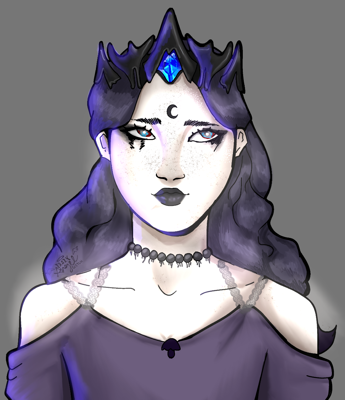 Digital illustration of a young woman with long, wavy purple hair, dark makeup, and a black choker necklace, wearing a black off-shoulder top with a gothic style.