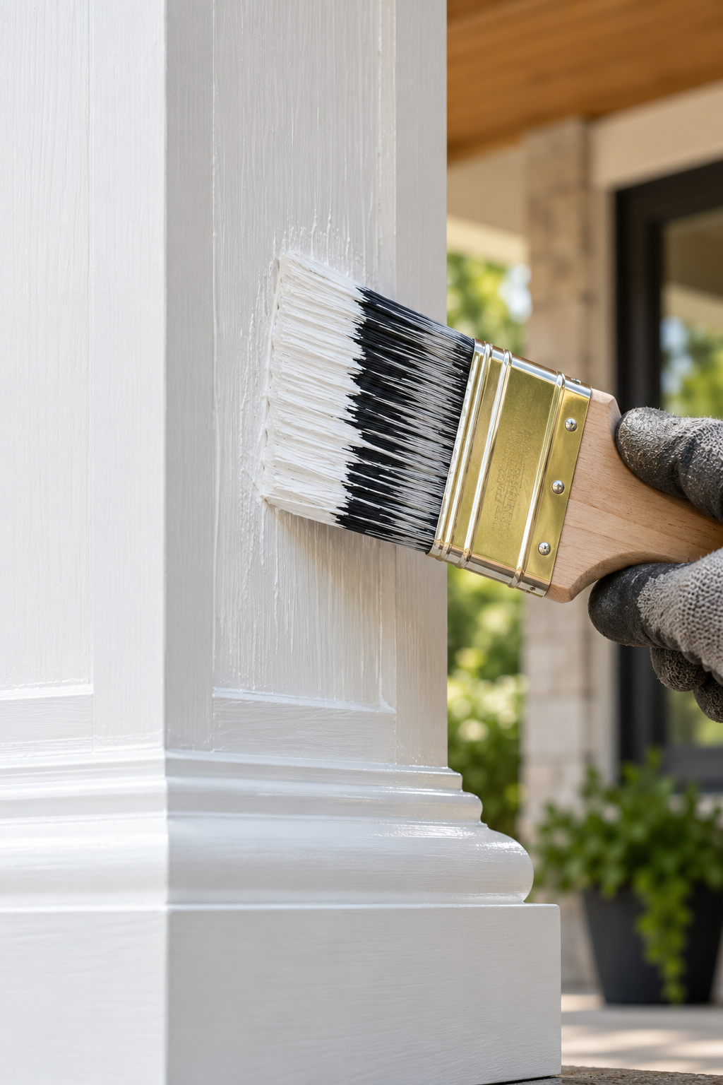 Person painting a white wooden exterior corner of a house using a paintbrush.