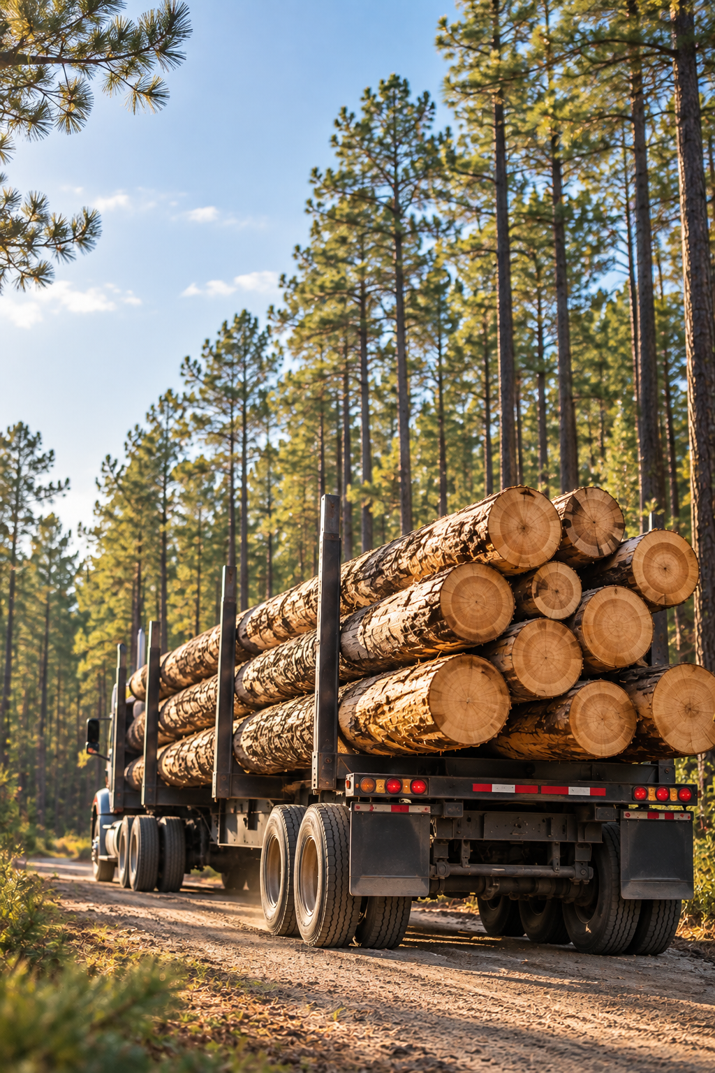 A flatbed truck carrying cut logs down a dirt road surrounded by tall pine trees in a forest under a clear blue sky.