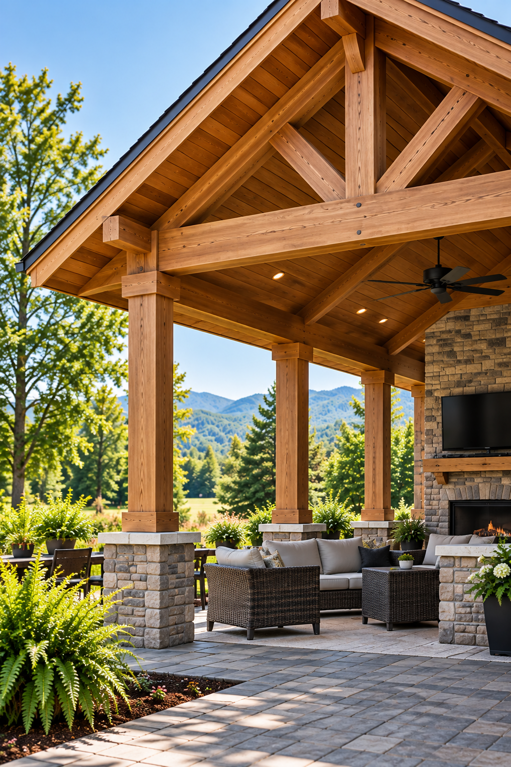 Covered outdoor patio with wooden beams, brick columns, wicker furniture, and a fireplace, overlooking a green landscape with trees and mountains.