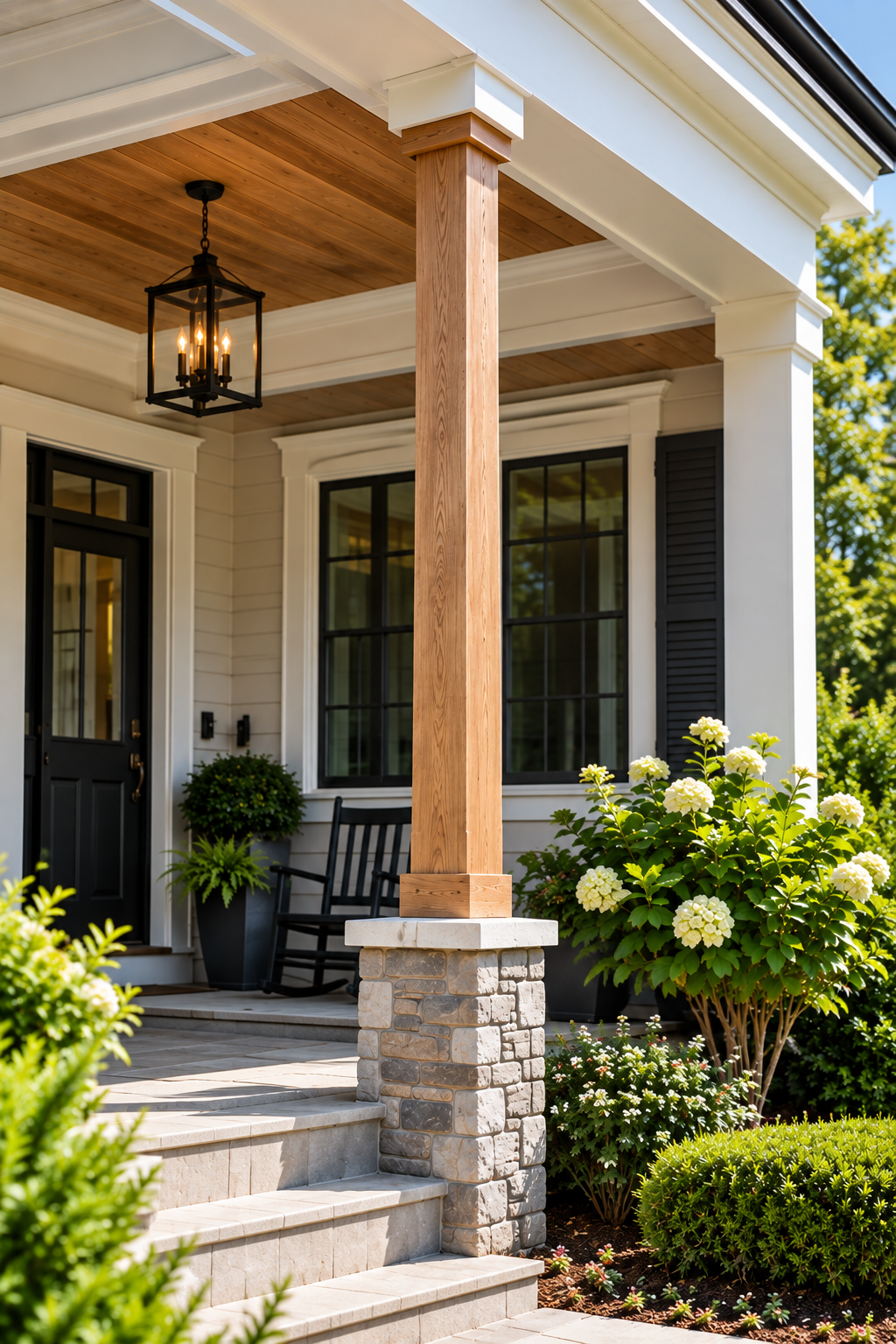 Front porch of a house with stone steps, a wooden column, black windows with shutters, a black door, potted plants, and white hydrangea flowers.