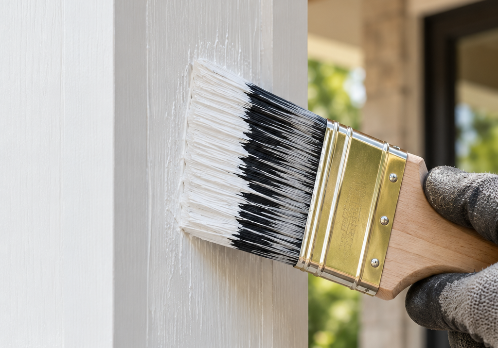 A person in gloves applying white paint to a wooden surface with a wide brush.