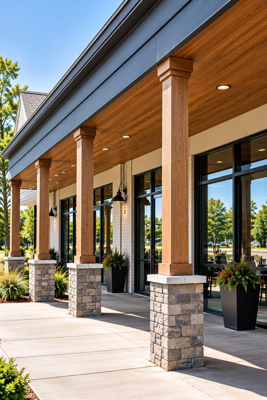 Exterior view of a building with large glass windows, wooden columns, stone bases, and potted plants outside on a sunny day.
