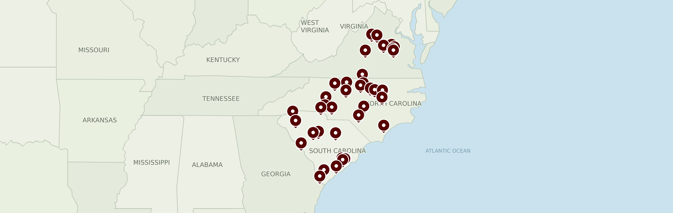 Map of the eastern United States with numerous location markers scattered across states including Pennsylvania, Maryland, Virginia, North Carolina, South Carolina, Georgia, and Florida.