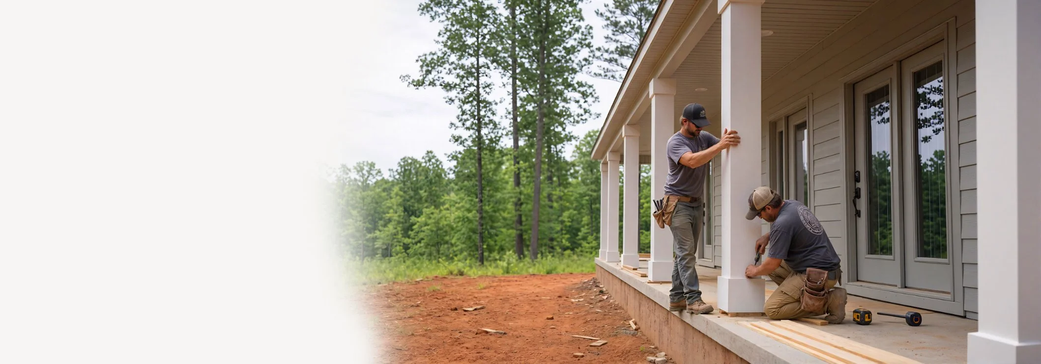 Two men working on the porch of a house, installing or repairing the porch columns. One man is standing and the other is kneeling. They are using tools, and there are drawers and construction materials nearby. The house has gray siding and glass doors, with a background of green trees and an overcast sky.