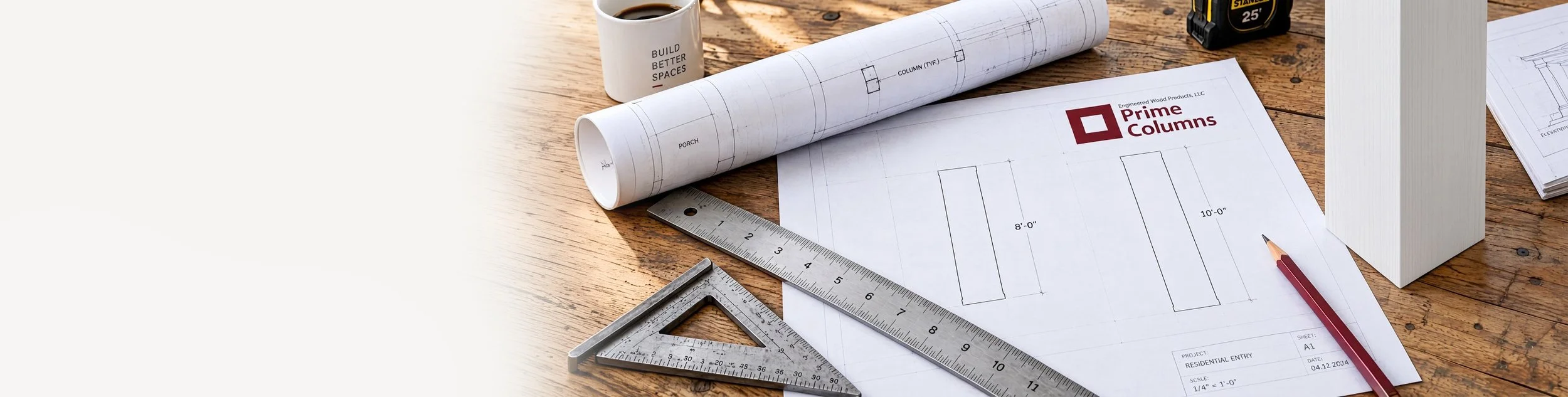 Blueprints and measuring tools on a wooden table, including a printout labeled "Prime Columns," a rolled blueprint, a metal square, a ruler, and a pencil.