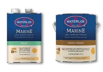 Two cans of Waterlox Marine sealer, one labeled 'Sealer' and the other 'Satin Finish'.