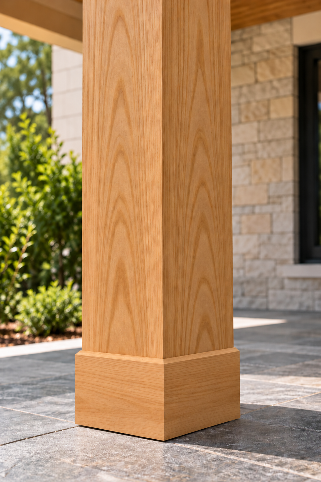 Close-up of a wooden porch pillar with a natural finish, attached to a house with stone exterior and surrounded by greenery.