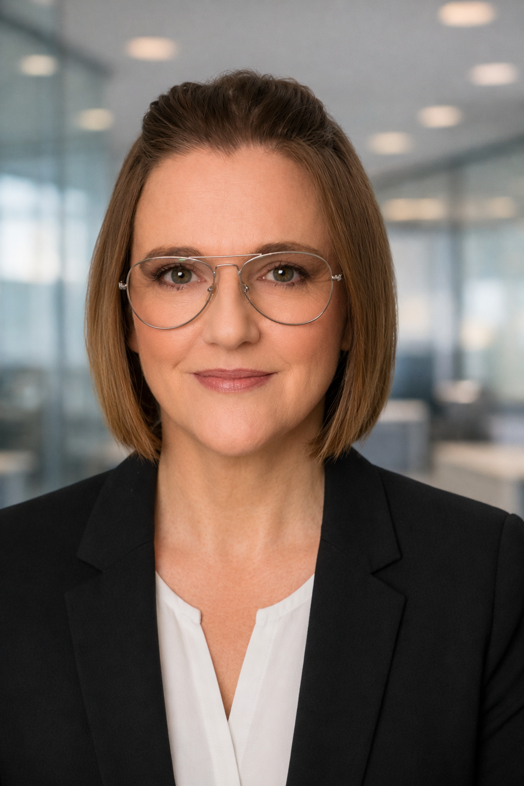 Portrait of a woman with short brown hair, wearing glasses, a black blazer, and a white blouse, standing in a modern office environment.