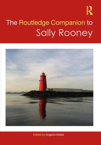 A book cover titled 'The Routledge Companion to Sally Rooney' with a red background. The cover features a photo of a red lighthouse on a rocky outcrop, reflected in calm water, with a cloudy sky in the background.