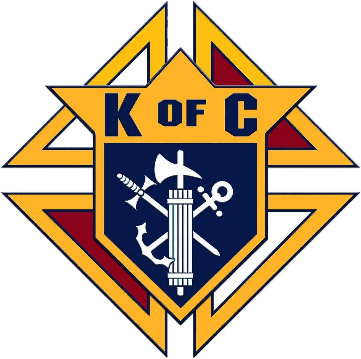 The emblem of the Knights of Columbus, featuring a shield with symbols of a sword, an anchor, and an axe, surrounded by a stylized star.