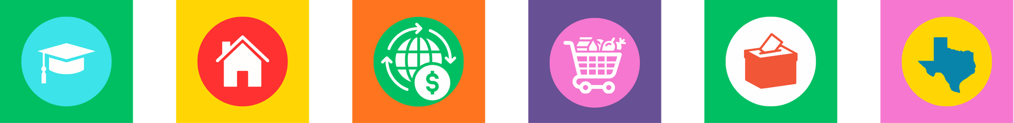 A collection of colorful icons depicting a graduation cap, a house, economy, groceries, voting ballot, and the state of Texas.