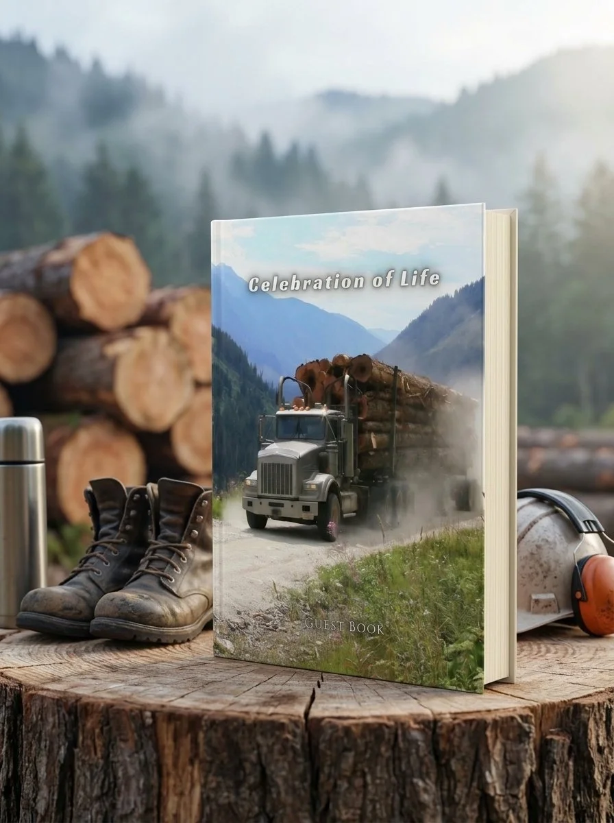 Log truck celebration of life guest book, 8.25 x 11 hardcover memorial sign-in book for a logger, log hauler, or truck driver's funeral or memorial service