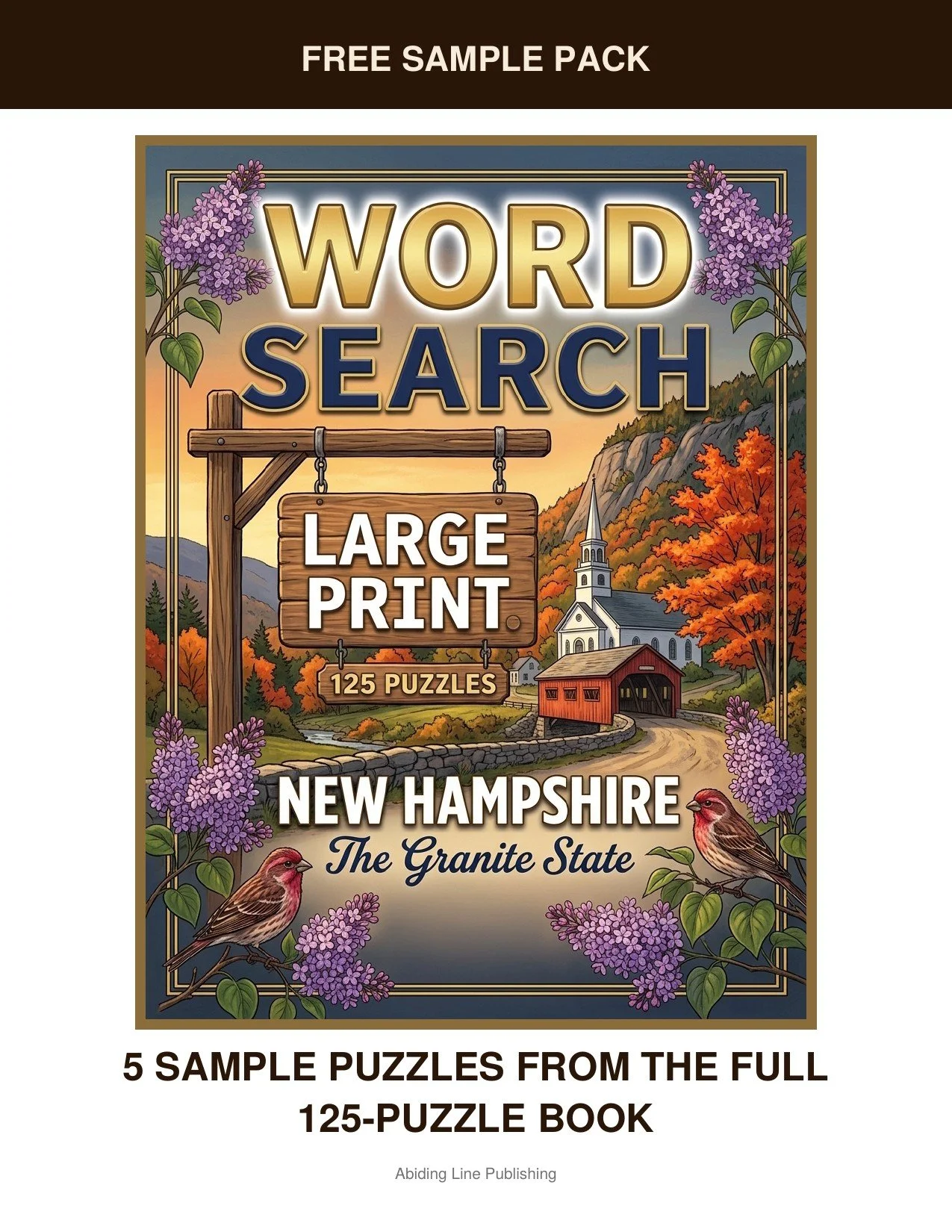 New Hampshire
Take it for a spin first — this free sample pack pulls five real puzzles straight from the pages, inspired by covered bridges, autumn hills, and small-town churches, so you know just what you're getting. Every puzzle is set in the same 