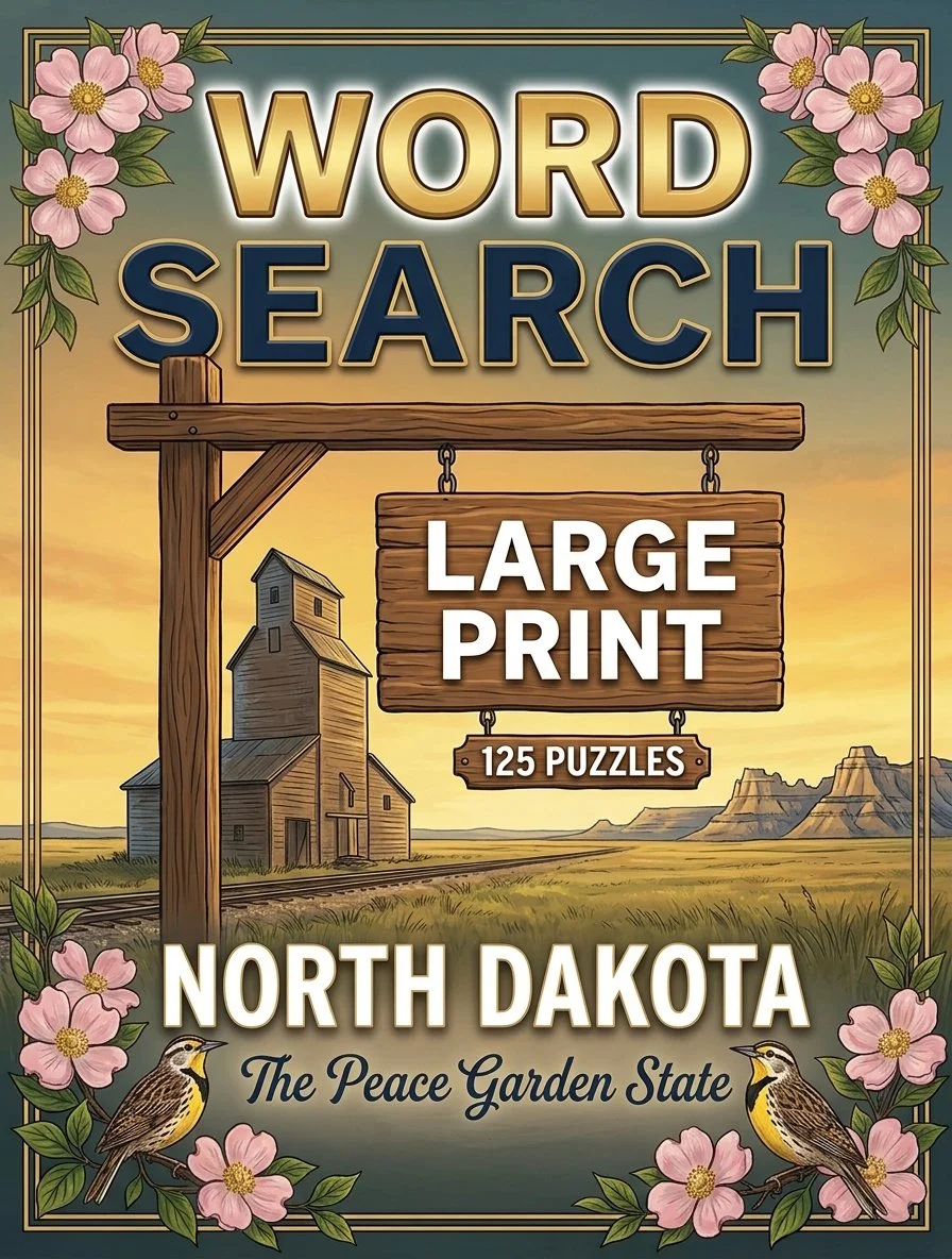Large-print word searches featuring North Dakota