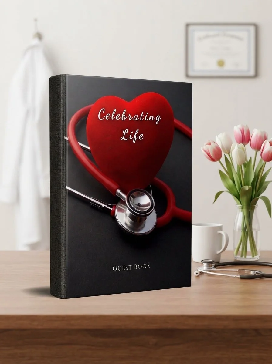 Heart and stethoscope celebration of life guest book, 8.25 x 11 hardcover memorial sign-in book for a nurse, doctor, or healthcare worker's funeral or memorial service