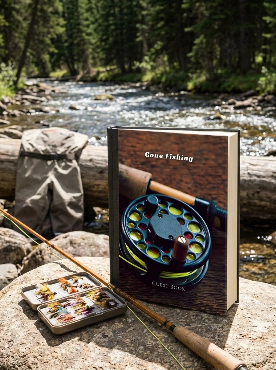 Gone Fishing fly fishing reel celebration of life guest book, 8.25 x 11 hardcover memorial sign-in book for a fly fisherman or trout angler's funeral or memorial service
