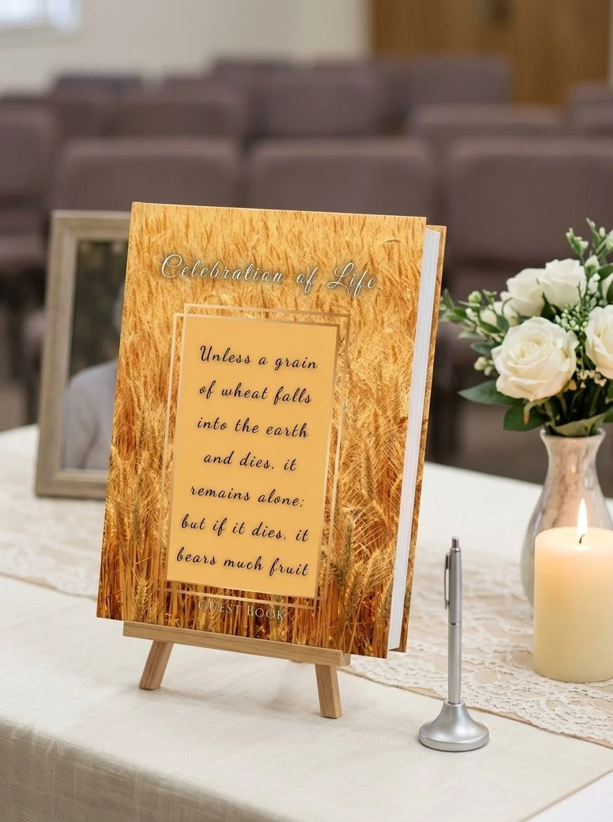 Wheat field celebration of life guest book, 8.25 x 11 hardcover memorial sign-in book with John 12:24 verse, for a farmer's funeral or memorial service