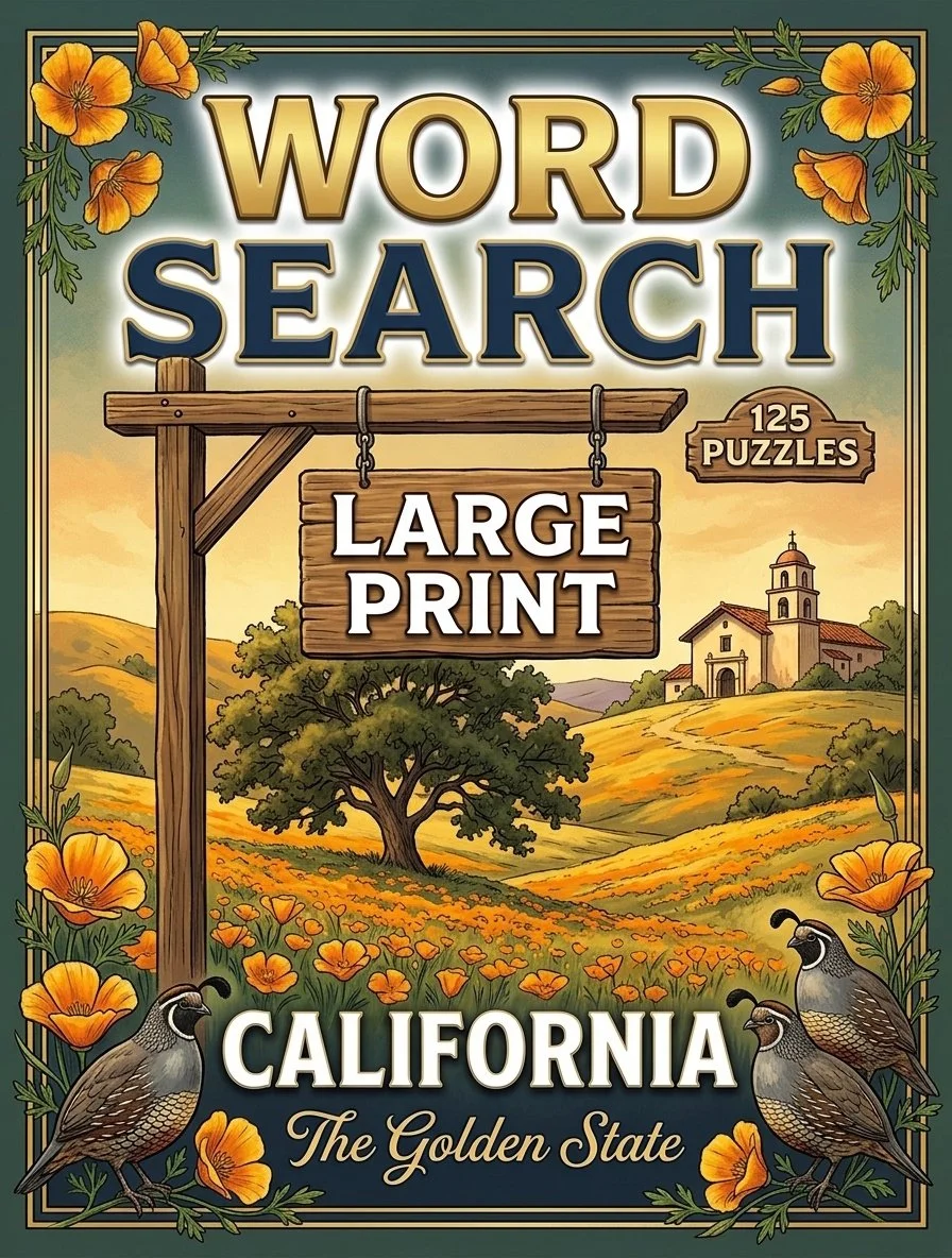 Large-print word searches featuring California