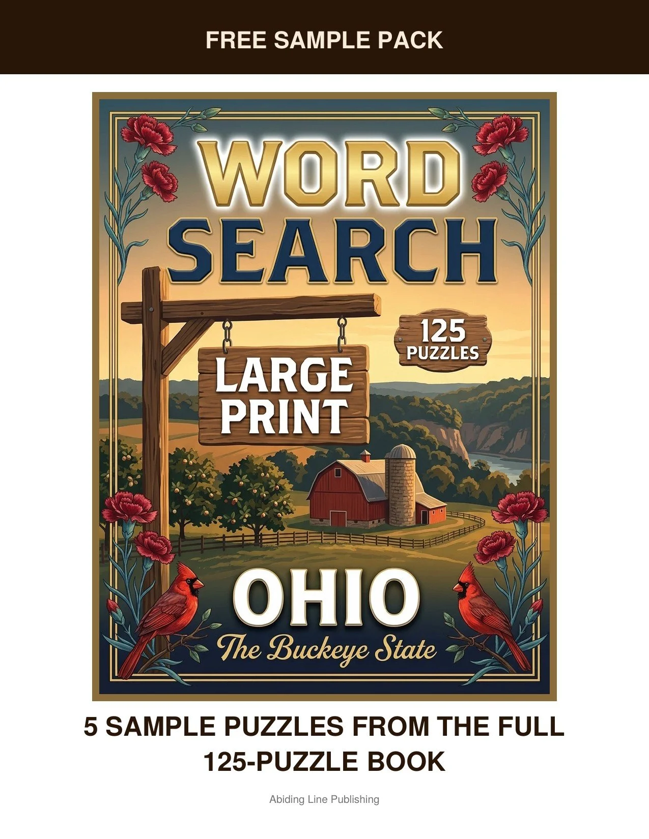 Ohio
Take it for a spin first — this free sample pack pulls five real puzzles straight from the pages, inspired by rolling farmland, orchard country, and small-town charm, so you know just what you're getting. The type is large and the layout is uncl