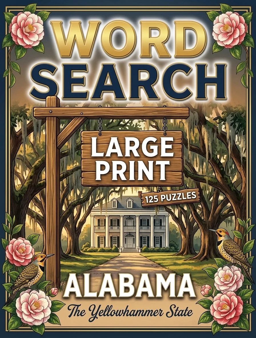 Large-print word searches featuring Alabama