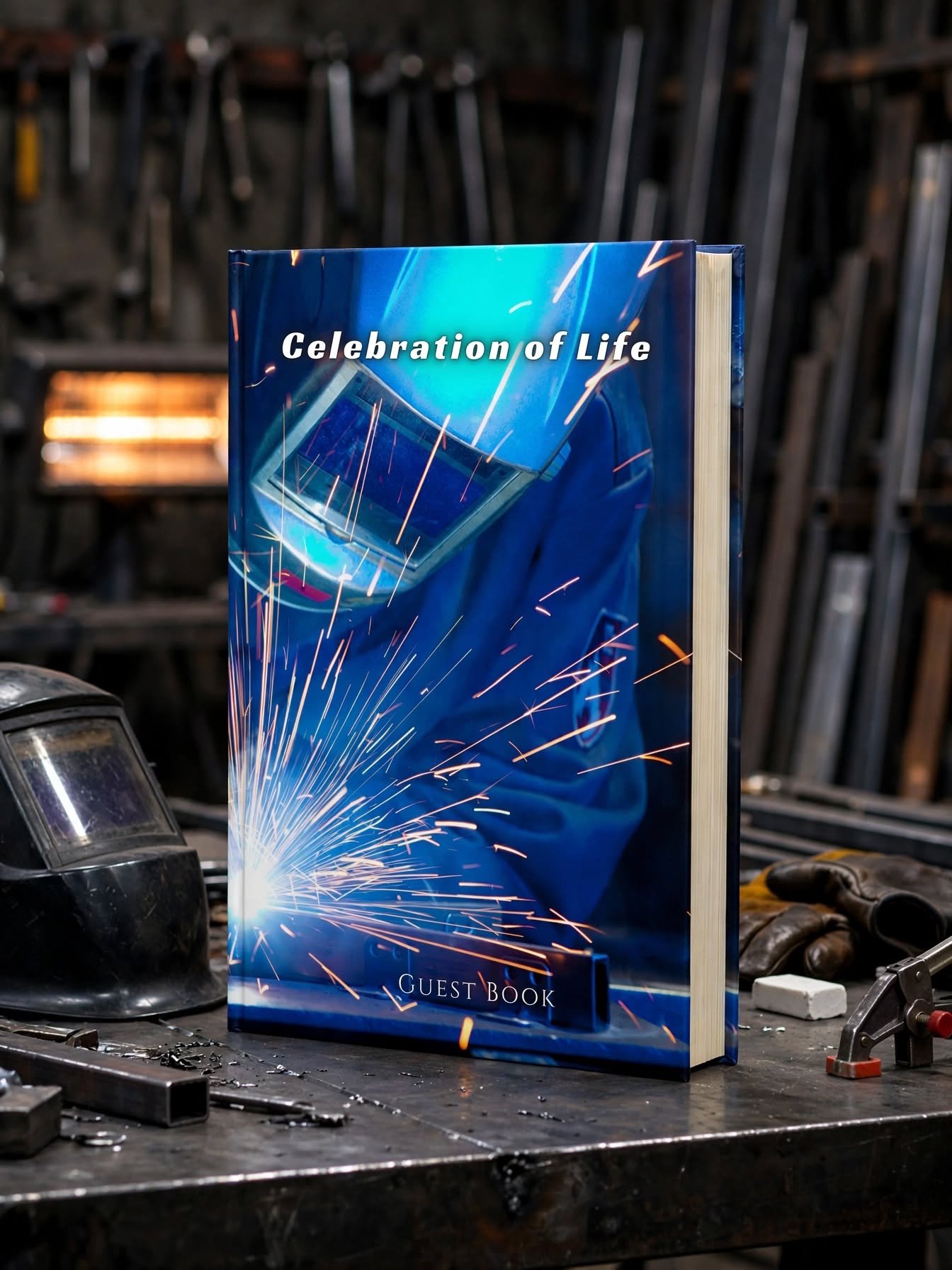 Welder celebration of life guest book, 8.25 x 11 hardcover memorial sign-in book for a welder, ironworker, or metal fabricator's funeral or memorial service