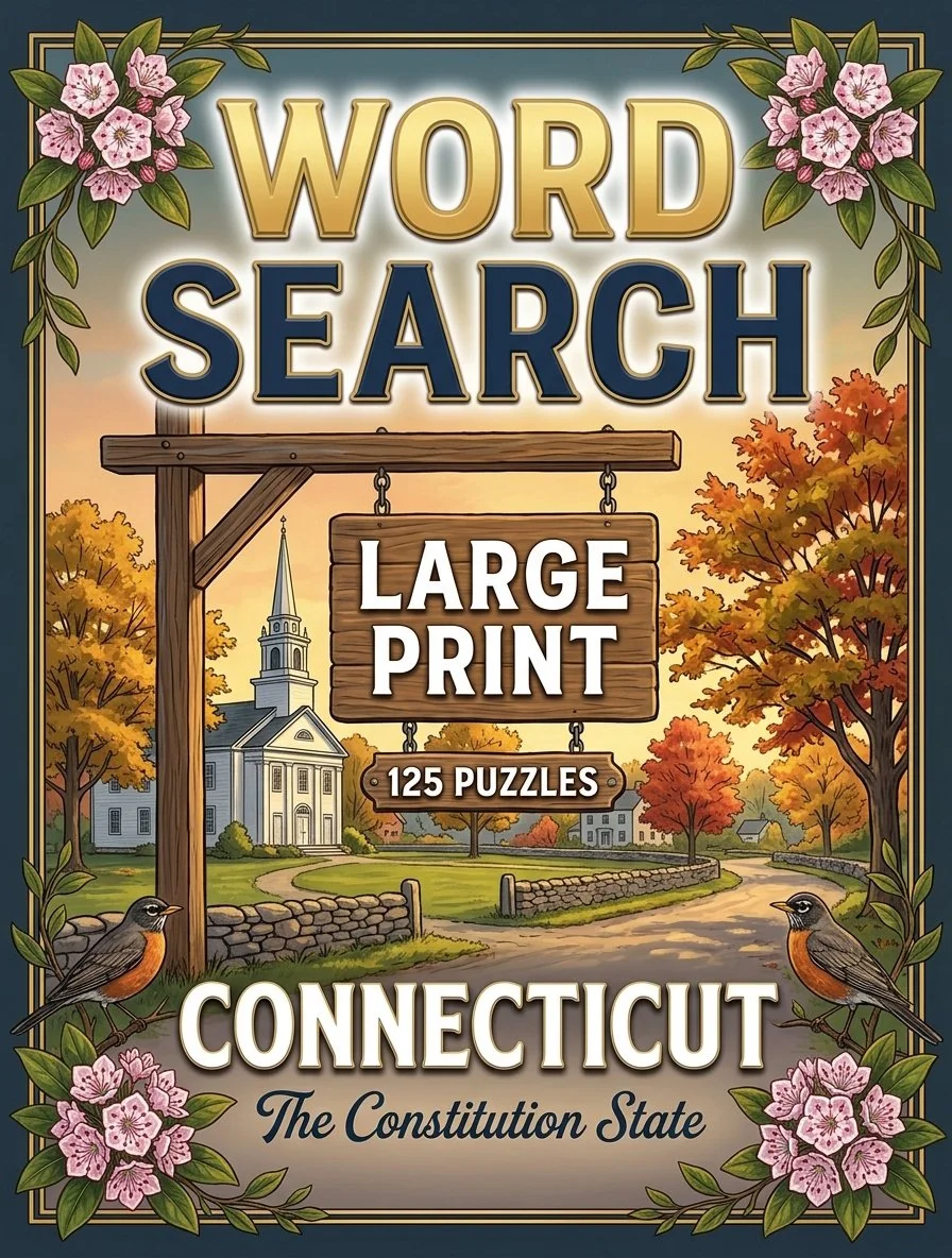 Large-print word searches featuring Connecticut