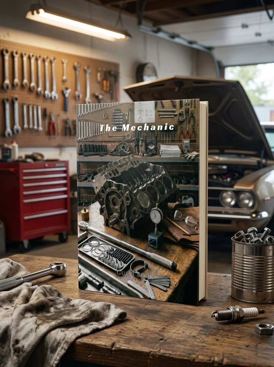 Auto mechanic celebration of life guest book, 8.25 x 11 hardcover memorial sign-in book for a mechanic, engine builder, or car enthusiast's funeral or memorial service
