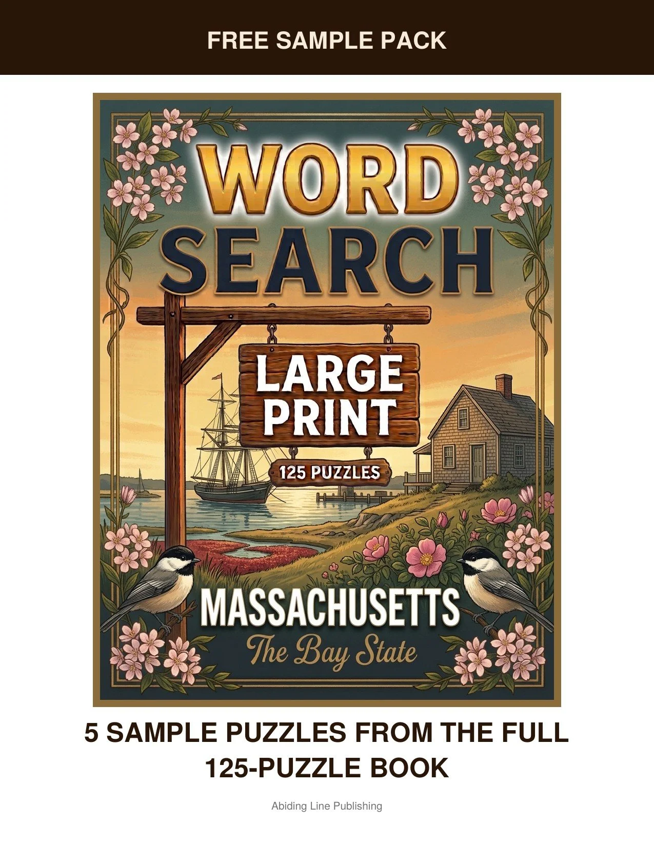 Massachusetts
Harbor lighthouses, coastal charm, and blooming spring trees. That's the world waiting inside this free sample pack — five real puzzles pulled straight from the pages of the full book. Every puzzle is set in the same large-print type as