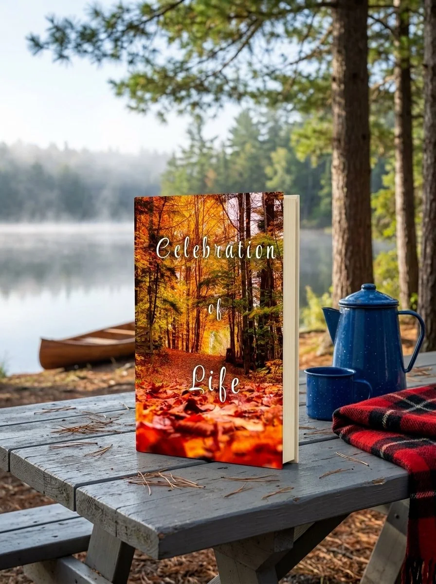 Autumn pathway in the woods celebration of life guest book, 7 x 10 hardcover or paperback memorial sign-in book for someone who loved fall, walks in the woods, and the changing seasons, for a funeral, memorial service, or celebration of life
