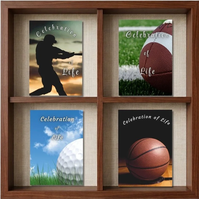 A wooden display case with four panels, each featuring a poster with the phrase "Celebration of Life" and sports images: a person swinging a golf club at sunset, a close-up of an American football on grass, a golf ball on grass against a blue sky with clouds, and a basketball on a court.