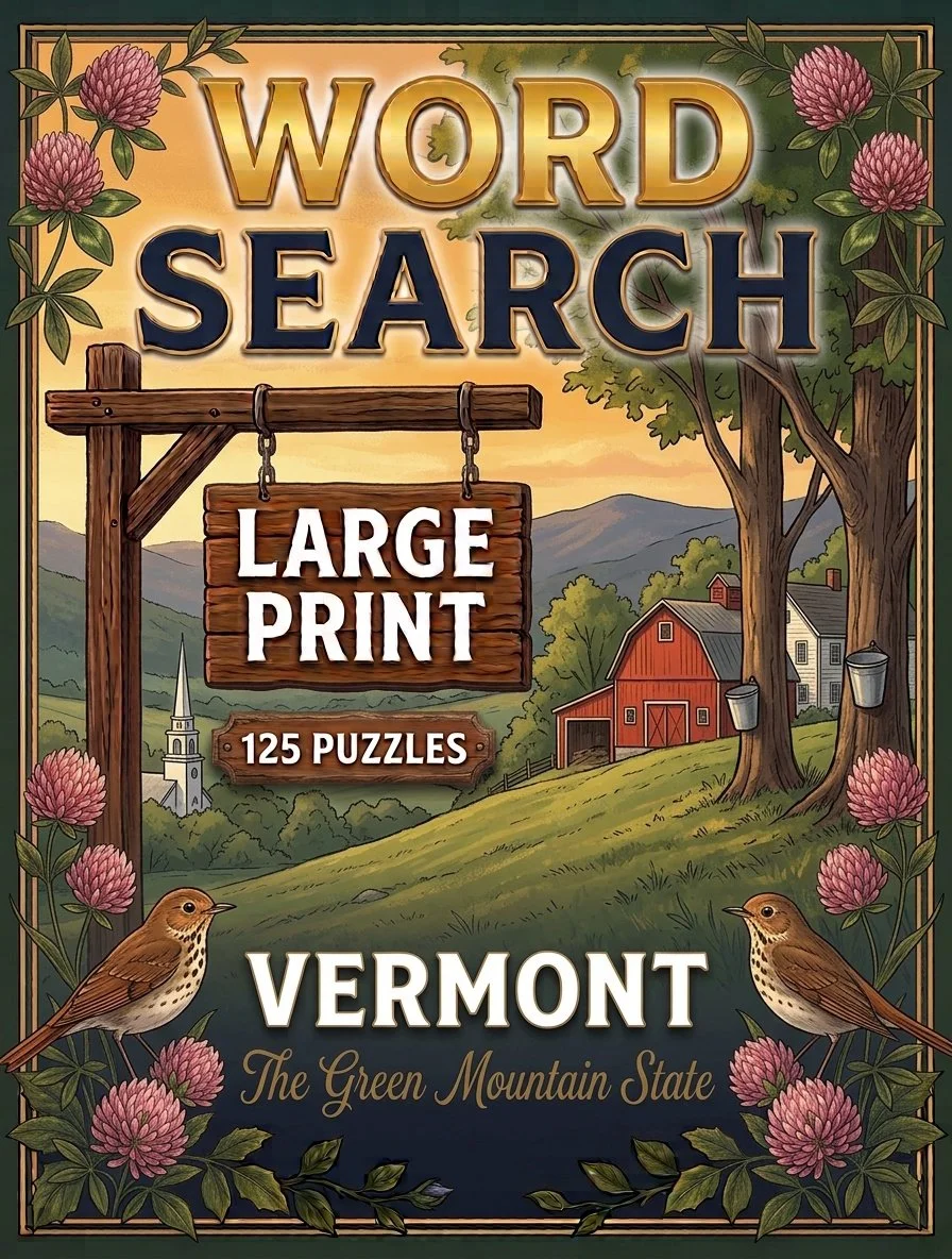 Large-print word searches featuring Vermont
