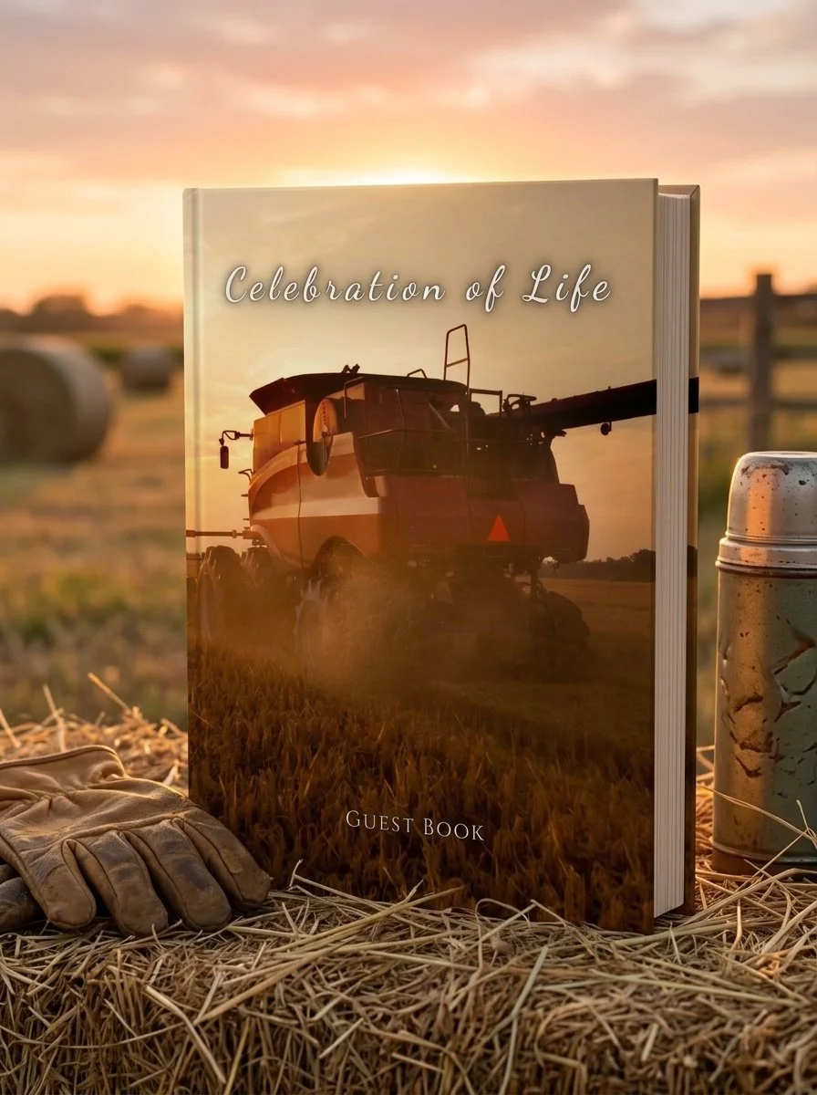 Combine harvester celebration of life guest book, 8.25 x 11 hardcover memorial sign-in book for a farmer or grain grower's funeral or memorial service