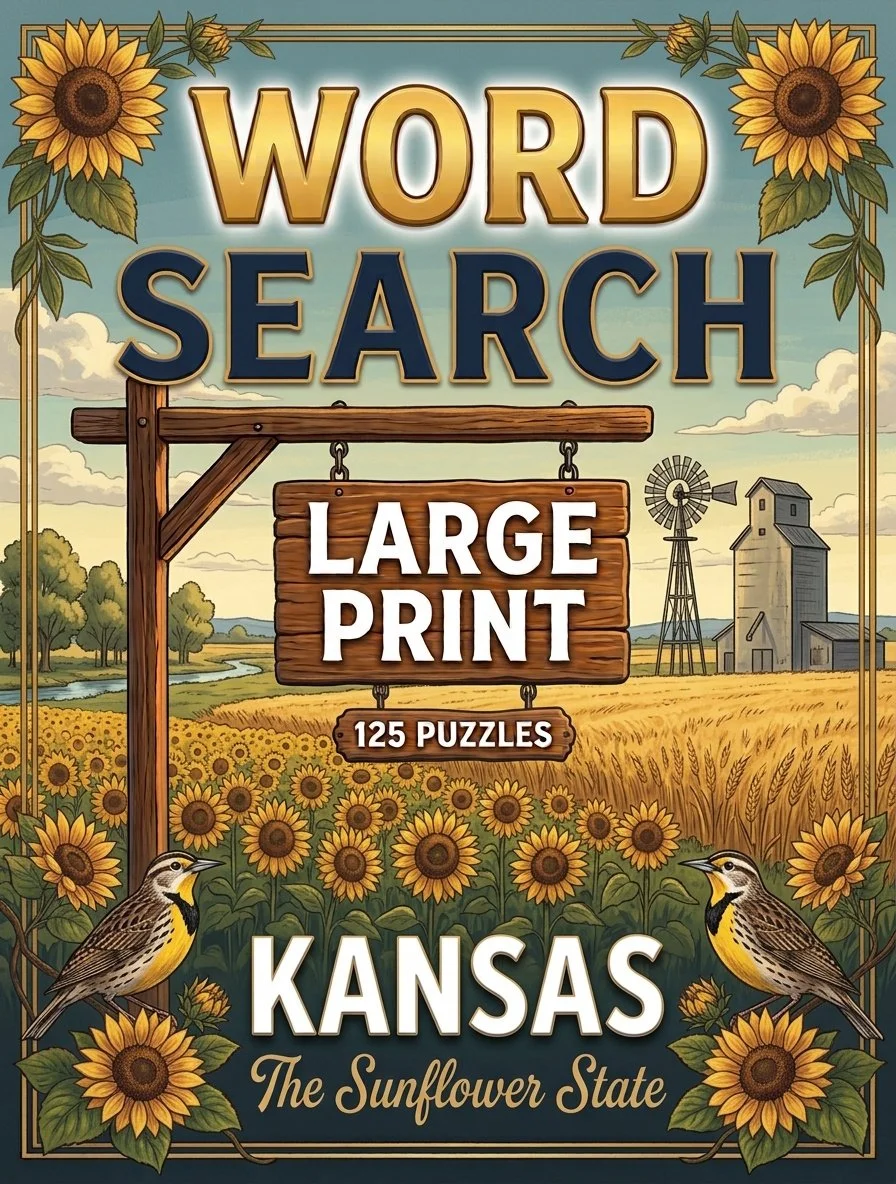 Large-print word searches featuring Kansas